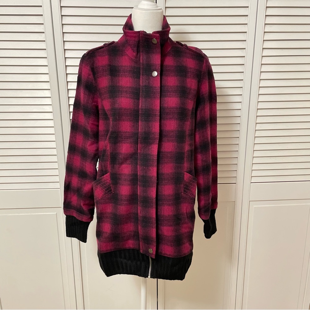 DKNY JEANS Wool Blend Pink Black Buffalo Plaid Jacket Coat Zipper Snap Y2K
